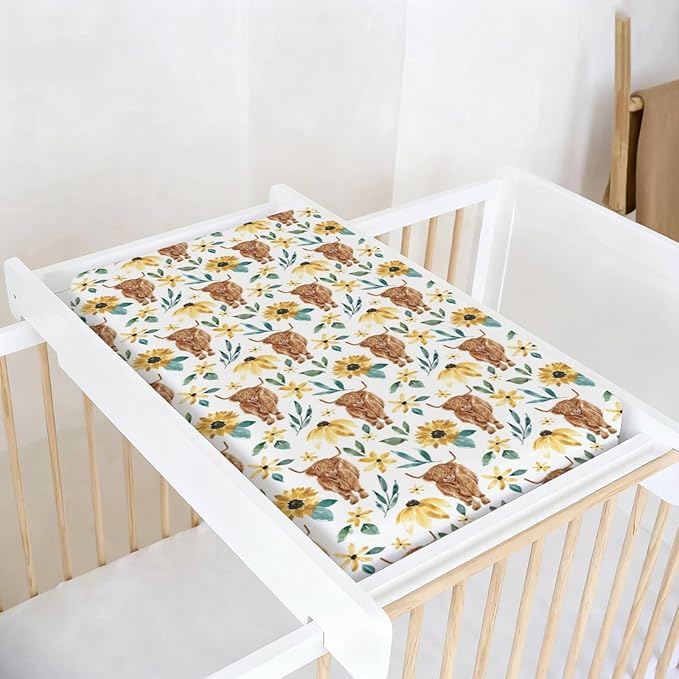 Changing Pad Cover for Baby Girls, 32"/34" x 16" Safe Snug Diaper Change Table Pad Covers, Soft Stretchy Changing Pad Sheets Highland Cow Sunflower Theme Nursery Decor