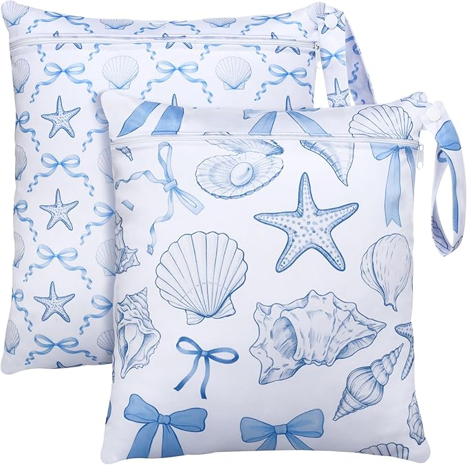 Sanwuta 2 Pack Wet Bags Resuable Waterproof Wet Dry Bag for Swimsuit Travel Beach Pool Bathing Diapers Dirty Yoga Gym Clothes Toiletries with Zippered Pockets(Sea Shells,Blue and White)