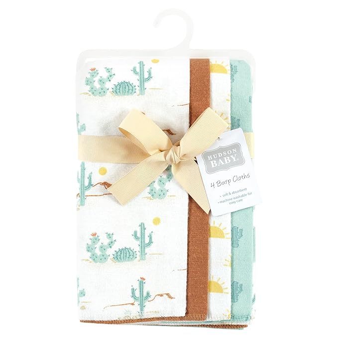 Hudson Baby Unisex Baby Cotton Flannel Burp Cloths, Desert Cactus 4-Pack, One Size