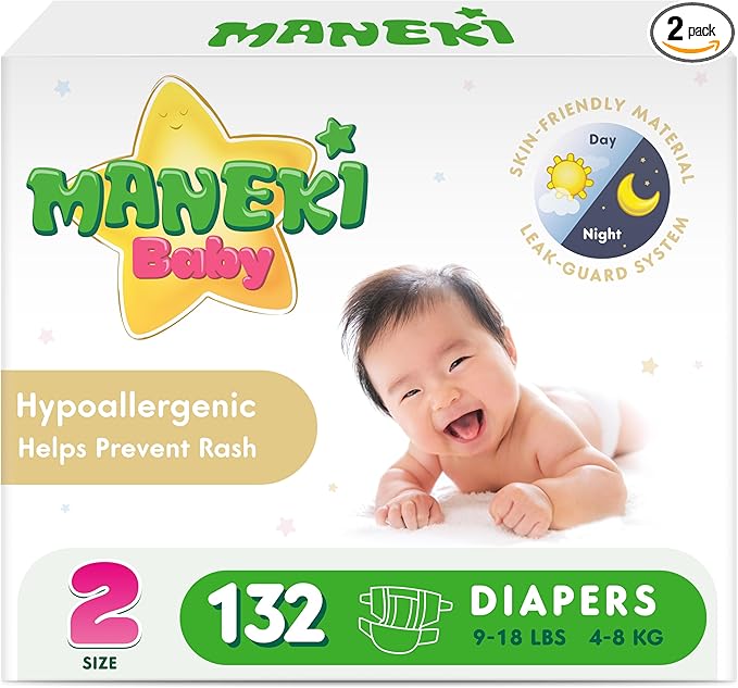 MANEKI Size 2 Diapers, Highly Absorbent Breathable Baby Diapers, Size 2 (9–18 lbs), 132 Count, Hypoallergenic & Fragrance-Free, Day & Night Protection for Sensitive Skin, Packaging May Vary