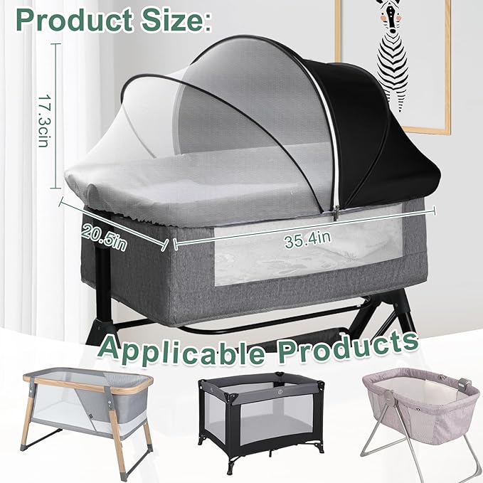 Bassinet Cover for Cats - Blackout Breathable Mosquito Net for Baby Bedside Sleepers & Travel Cribs, 2-Way Zipper Bug Canopy Tent to Block Light & Keep Cats Out (Black-Small)