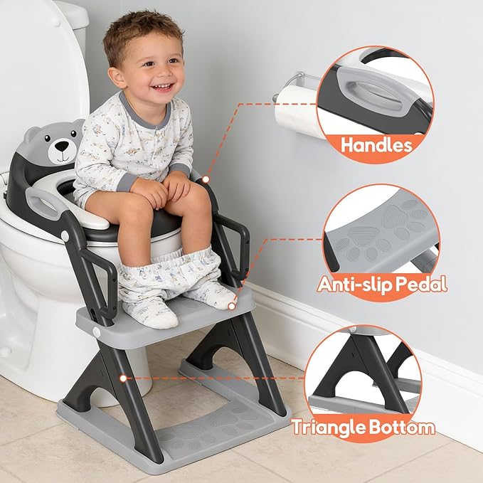 Potty Training Seat with Step Stool Ladder, Toddler Toilet Seat for Boys Girls, Adjustable 6 Heights Fits Round & Elongated Toilets, Anti-Slip Pads & Leak-Proof Guard