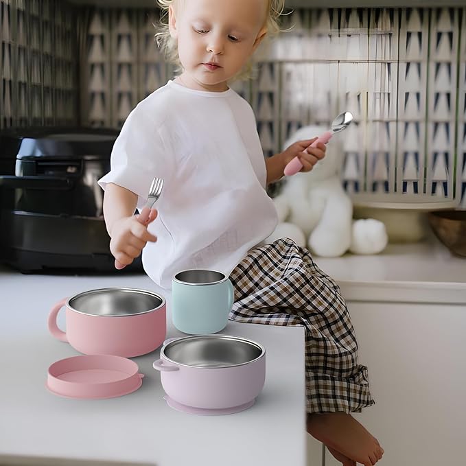 Bakpoco Kids Dinnerware Set - 6 Piese Toddler Plates and Suction Bowls Set with Kids Utensils&Cup, 2 IN 1 Stainless Steel & Silicone Baby Self Feeding Supplies, Lilac& Blush&Sage