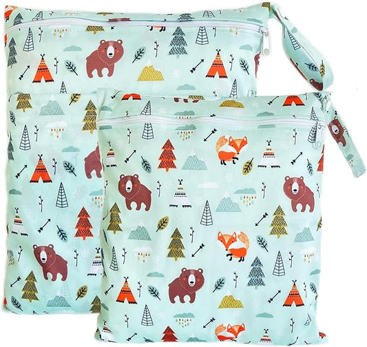 Wet Dry Bag for Cloth Diapers, 2PCS Waterproof Reusable Wet Bag with Zippered Pockets, Washable, Reusable for Travel, Beach, Pool, Stroller, Diapers, Dirty Gym Clothes, Swimsuits, 14x12In & 12x11In