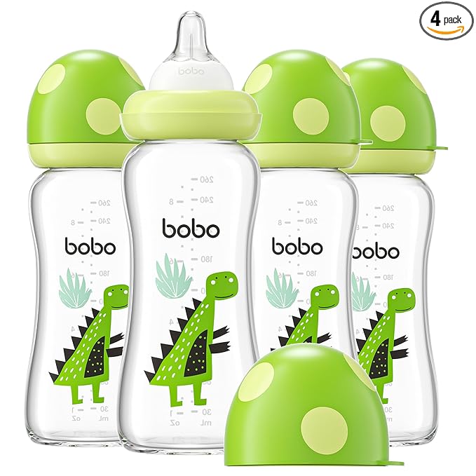 YOHKOH Natural Glass Baby Bottle with Level 2 Medium Flow Nipple, Newborn Anti-Colic Baby Bottles, Wide Neck Mushroom Baby Glass Bottle (8.8ounce (Pack of 4), Green2)