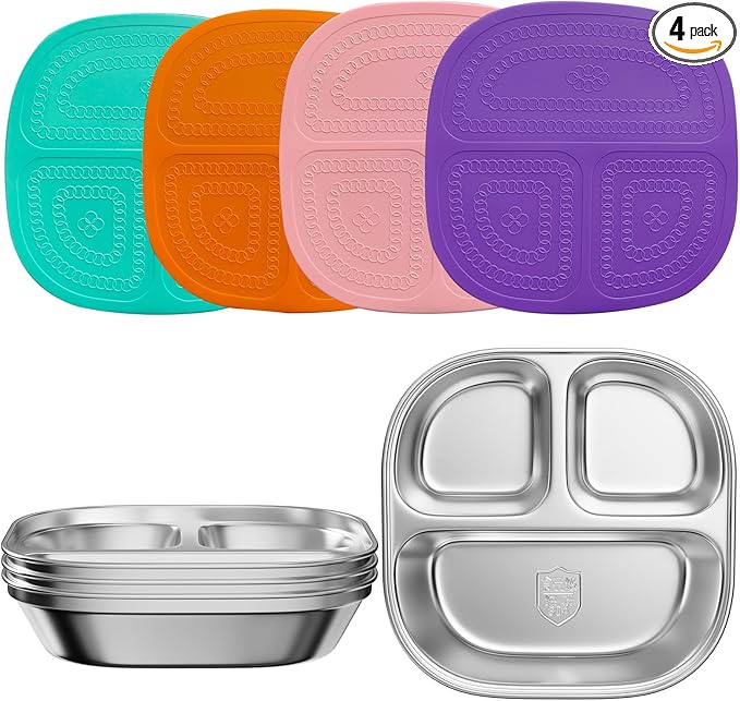 Set of 4 Snack Containers,Stainless Steel Kids Plates,Stainless Steel Toddler Plate with Silicone Lids- Reusable Meal Prep Lunch Containers for Kids Non Toxic & 100% BPA Free