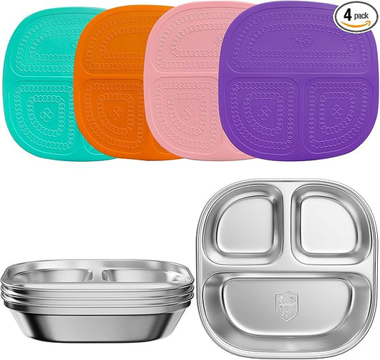 Set of 4 Snack Containers,Stainless Steel Kids Plates,Stainless Steel Toddler Plate with Silicone Lids- Reusable Meal Prep Lunch Containers for Kids Non Toxic & 100% BPA Free