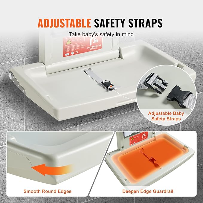VEVOR Wall-Mounted Baby Changing Station, Horizontal Foldable Diaper Change Table with Safety Straps and Hanging Rods, Use in Commercial Bathrooms, Daycare Centers for Newborns & Infant