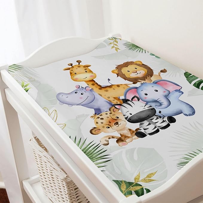 Jungle Safari Animals Tropical Leaves Flowers Changing Pad Cover Lion Elephant Zebra Giraffe Hippo Change Table Covers for Boys Girls Soft Stretchy Diaper Changing Mat Sheets Cover 32''x16''