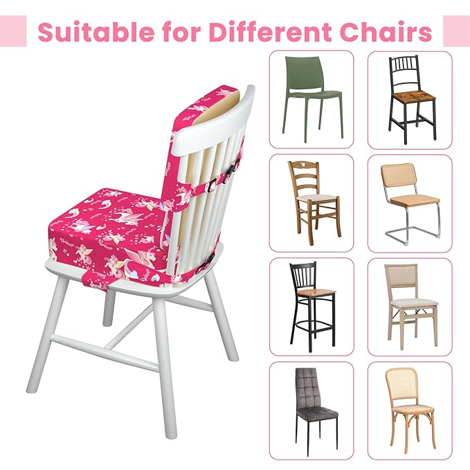 Toddler Booster Seat for Dining Table with Adjustable Straps, Kids Booster Seat for Kitchen Chair with Non-Slip Bottom, Portable Detachable Washable Increasing Cushion (Unicorn)
