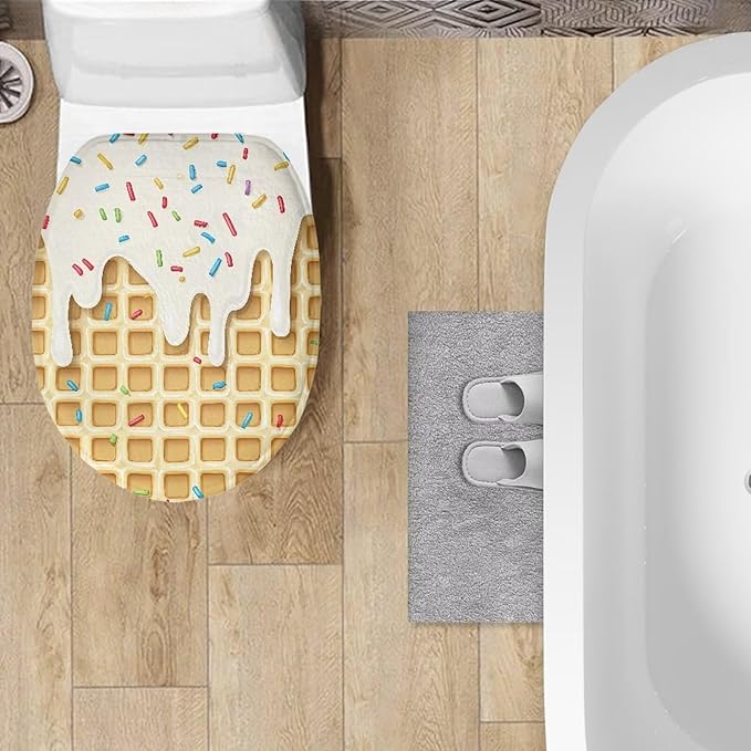 Bathroom Toilet Lid Seat Toilet Protector Dust Cover Soft Flannel Fabric Toilet Seat Cover Covers Stains, Stays Clean, Easy To Install Ice Cream Waffle Design Toilet Covers