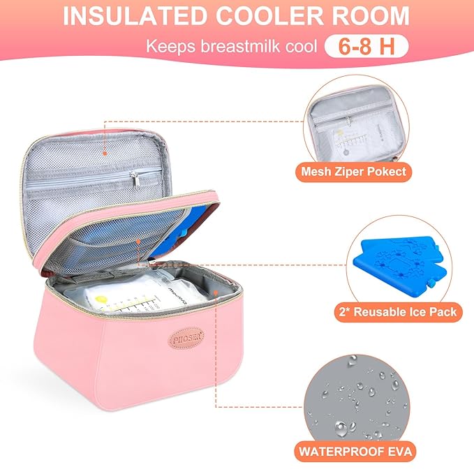 PIIOSER Breast Milk Cooler Travel Bag with 2 Ice Pack, Fits 6 Breastmilk Storage Bags Up to 8Oz, Insulated Small Baby Breastmilk Storage Cooler Bag for Daycare and Breastfeeding Mom (Pink-XS)
