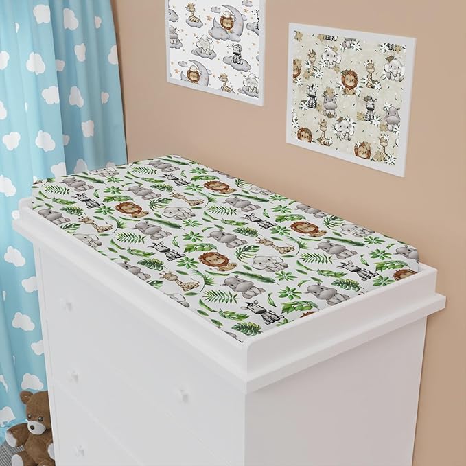 Baby Safari Animals Tropical Leaves Changing Pad Covers Lion Elephant Giraffe Zebra Hippo Diaper Change Table Pad Covers for Girl Boy Soft Breathable Stretch Changing Mat Sheets 32''x16''