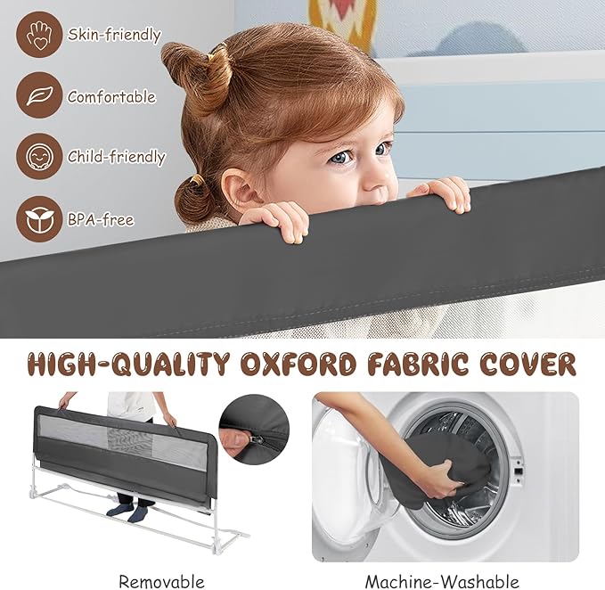 GLACER Foldable Bed Rail for Toddlers - 71" Bedrail w/Safety Straps, Child Lock & Removable Oxford Cover, Swing Down Baby Bed Rail Guard for Crib, Full, Twin, Double, Queen & King Bed (Grey, 2 Pack)