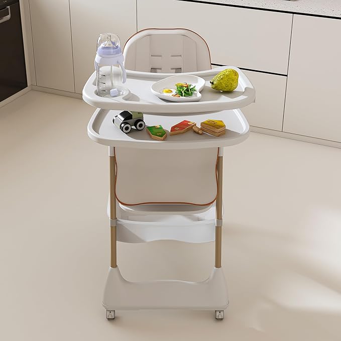 White Convertible Height Toddler High Chair with Lockable Wheels, Portable Foldable Baby Feeding Seat with Tray, Adjustable Highchair Easy Clean for Babies and Toddlers Ages 0-6 Years