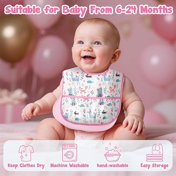 Baby Bibs for Eating - 6Pcs Toddler Waterproof Feeding Bibs with Crumb Catcher Pocket Adjustable Sleeveless Teething Plastic Food Bib Set Infant Keepsake Gift for Baby Shower, 6-24 Months