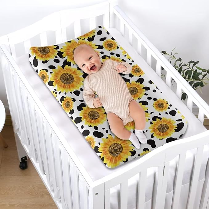 Changing Pad Covers for Boys Girls, Sunflower Cow Diaper Changing Table Pad Cover Soft Breathable Changing Mat Cover for 32''x16" Cute Birthday Gifts for Baby