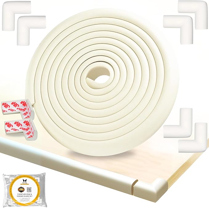 Table Edge Protector for Baby Proofing (18ft Edge & 8 Corners) Baby Proof Corners and Edges Guard, Soft NBR Rubber Foam 3M Adhesive, Furniture Corner & Edge Safety Bumpers for Table & Fireplace-White