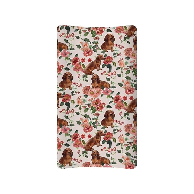 Dog Diaper Changing Table Pad Cover Soft Change Pad Cover for Baby Newborn Dachshund Rose Floral Baby Nursery Changing Mat Sheet Protector, One Size