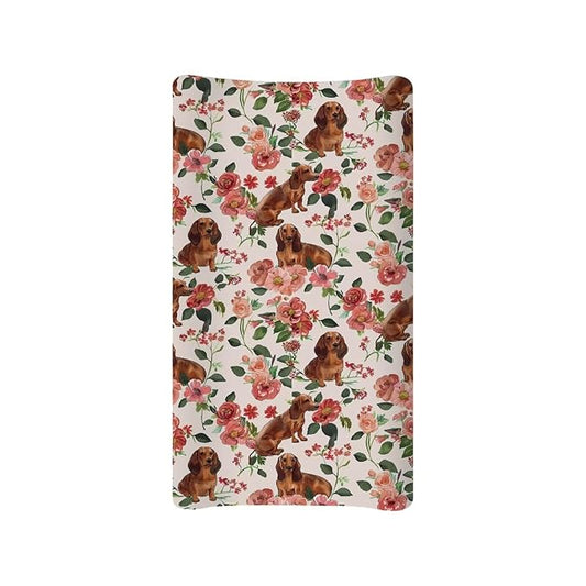 Dog Diaper Changing Table Pad Cover Soft Change Pad Cover for Baby Newborn Dachshund Rose Floral Baby Nursery Changing Mat Sheet Protector, One Size