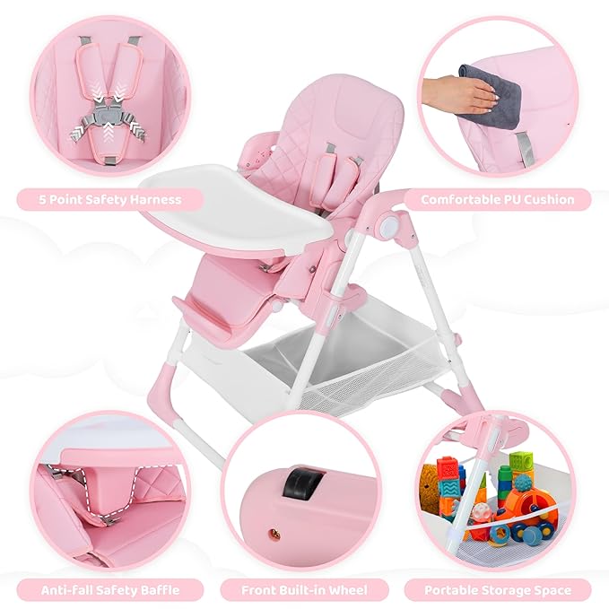 TODEFULL 3 in 1 Foldable Baby High Chair, Infant High Chairs for Babies and Toddlers, 6 Height & 4 Recline Adjustable Toddler Feeding Chair, 2 Built-in Wheels, Large Storage Space, Pink