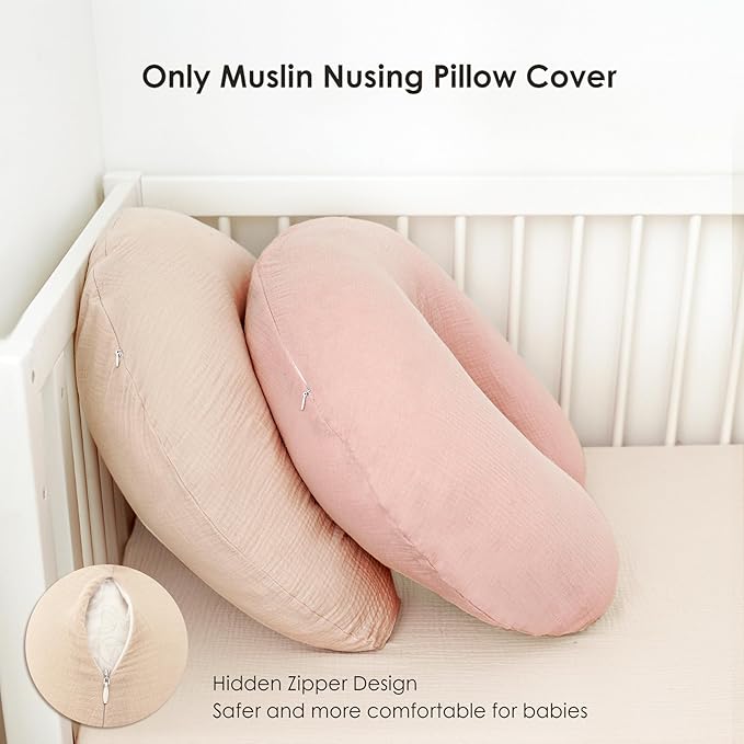 MairMore 2-Pack Muslin Nursing Pillow Covers, Breathable 100% Cotton Breastfeeding Pillow Slipcovers for Standard Nursing Pillows, Soft Covers for Baby Girls and Boys with Zipper