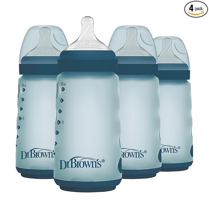 Dr. Brown's Silicone Baby Bottle with Collapsible Insert Designed to Reduce Colic, 9 oz with Wide-Neck Level 2 Medium Flow Nipple, 3m+, Blue, 4-Pack