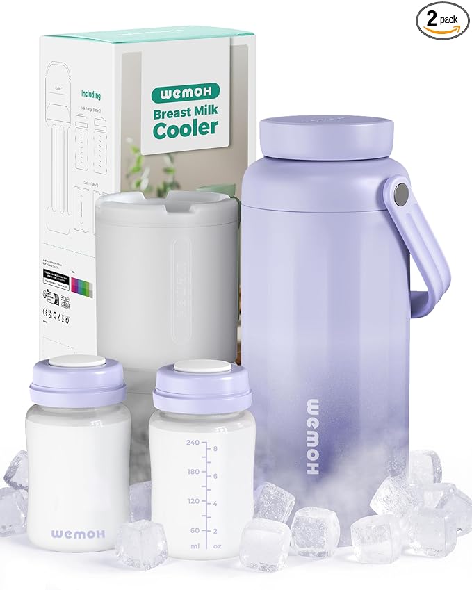 Breast Milk Cooler Bottle - 12H+ Ice-Cold/24H Safe Storage, Compatible with Spectra Pumps, TSA Approved Travel Chiller, 18oz (2x9oz) Lightweight Leakproof Container for Work, Purple