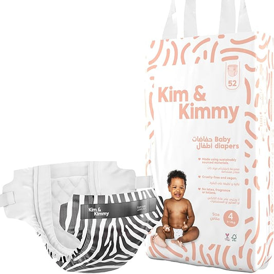 Kim & Kimmy Eco Diapers, Size 4, 20-31 lbs, 52 Diapers - 12 Hour Leak Protection, No Rashes, Hypoallergenic, Ultra-Soft & Highly Absorbent - Cruelty Free & Vegan - Zebra