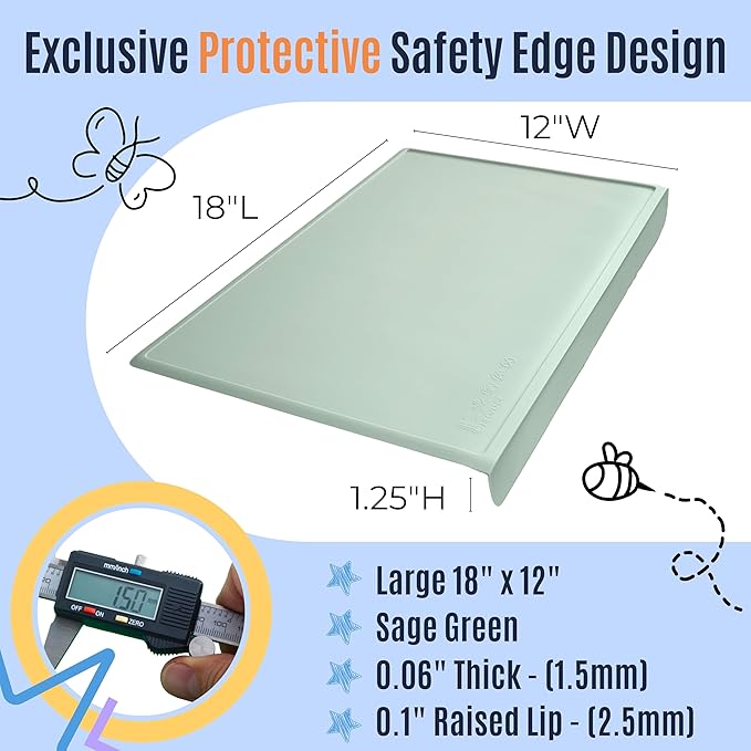 Silicone Placemats for Toddlers & Kids with Angle-Protective Safety Edge – Baby Placemats for Restaurants & Dining Table – Non-Slip & BPA-Free Food Mat – 1.5mm Thick, 18"x12", Sage Green
