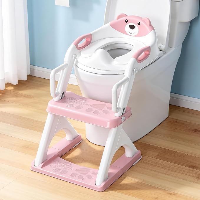 Potty Training Seat with Step Stool Ladder, Toddler Toilet Seat for Boys Girls, Adjustable 6 Heights Fits Round & Elongated Toilets, Anti-Slip Pads & Leak-Proof Guard, Pink