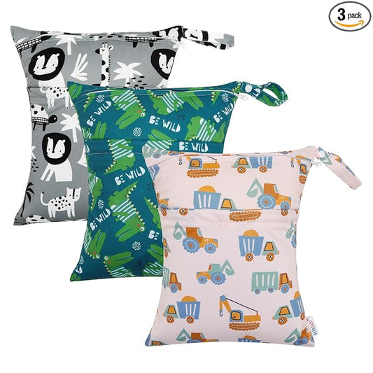 ALVABABY 3pcs Cloth Diaper Wet Dry Bags Waterproof Reusable with Two Zippered Pockets Travel Beach Pool Daycare Soiled Baby Items Yoga Gym Bag for Swimsuits or Wet Clothes 3L-ZM16A