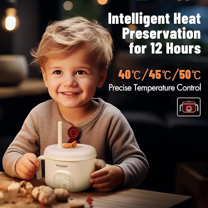 Phanpy Smart Thermostatic Bowl To Keep Baby/Toddler/Children Food Warm with 40/45/50℃ Constant Precise Temperature Control, 316L Stainless Steel Liner, Volume 13.5 Ounce