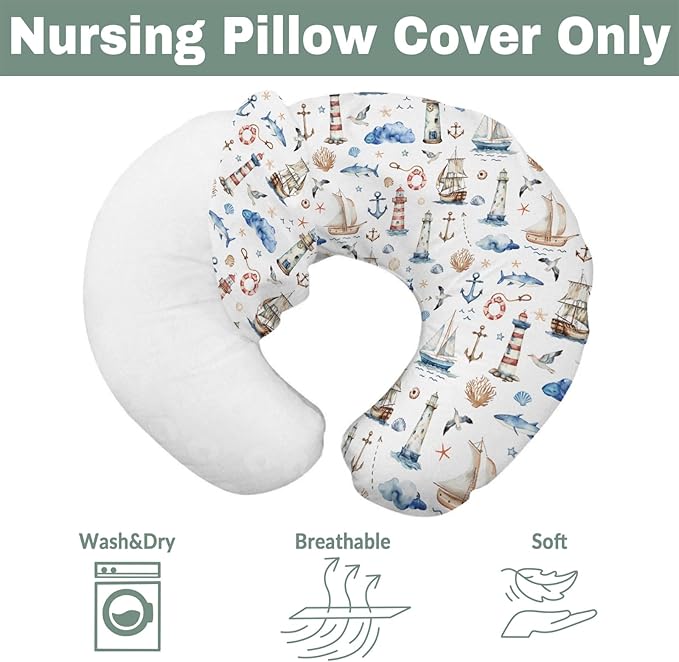 Sailing Adventure Baby Nursing Pillow Covers for Boy Girl Sea Lighthouse Ship Anchors Whale Shells Nursing Pillowcase for Breastfeeding Pillows Boho Beach Summer Soft Stretchy Slipcovers for Newborn