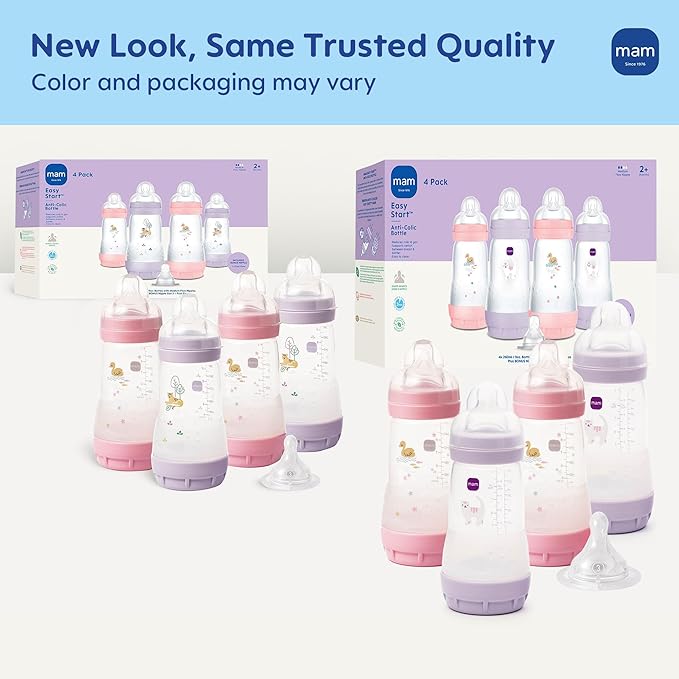 MAM 9oz Easy Start Anti-Colic Wide Neck Baby Bottle, Medium Flow Breastfeeding-Like Nipple, Reduces Colic Gas & Reflux, Easy to Clean, BPA Free, 2+ Months, Bonus Fast Flow Nipple, 4 Pack