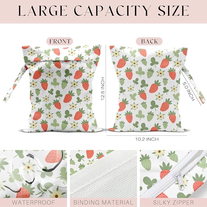 Wet Bag, Wet Dry Bag, Waterproof Swim Bags, Machine Washable Reusable Bags for Beach, Pool, Diapers, and Dirty Yoga Gym Clothes(Green Ditsy Strawberry Print