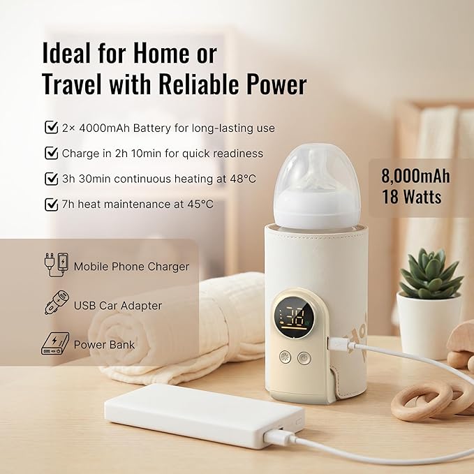 Portable Bottle Warmer for Travel - Car Waterless Bottle Warmer for Breastmilk & Formula Milk - Rechargeable Battery Powered Fast Heating with Temperature Control for On the Go Baby Feeding