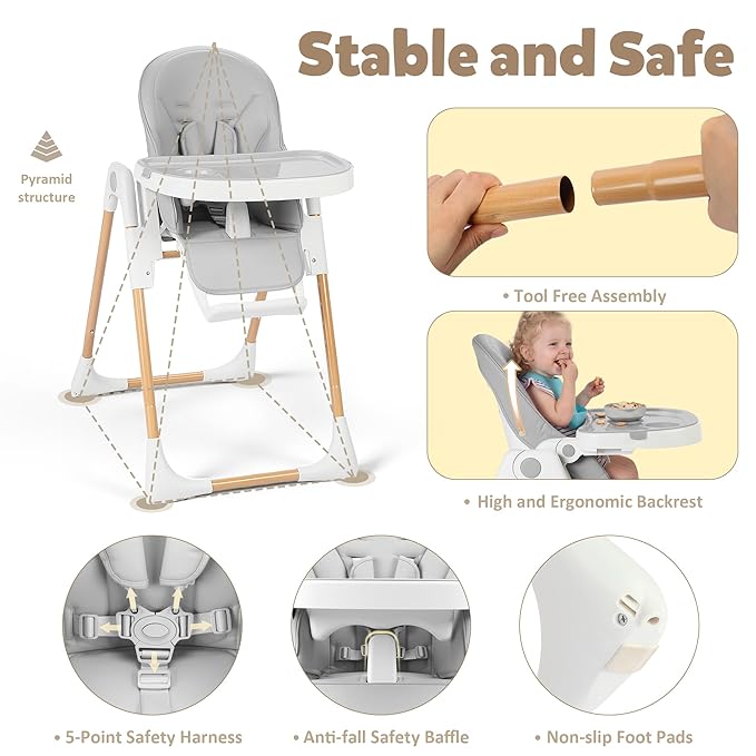 TODEFULL 3 in 1 Foldable Baby High Chair, Infant High Chairs for Babies and Toddlers, 6 Height & 5 Recline Adjustable Toddler Feeding Chair, 2 Tray Depth & 3 Footrest Angles, 2 Built-in Wheels, Black