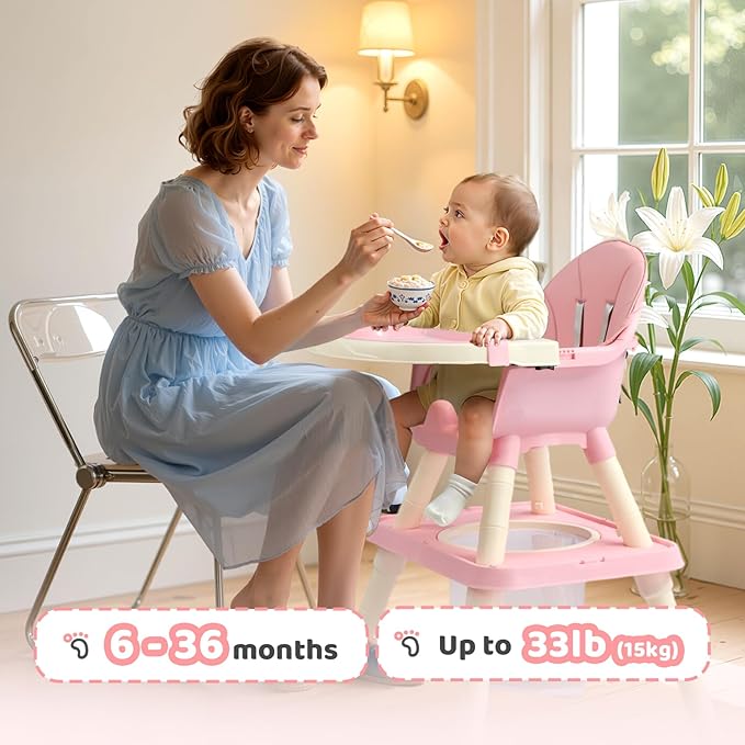 JOYMOR 7 in 1 High Chair for Babies and Toddlers, Convertible Kids Learning Table and Chair with Large Baske for Storage (Pink)