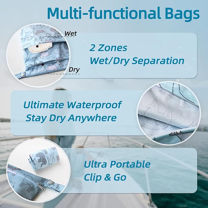 3 PCS Waterproof Wet Dry Bags, Reusable Wet Bags for Baby Diaper Swimsuit Breast Pump Parts, 3 Sizes Wet Clothes Bag with 2 Zippered Pockets, Leakproof Wetbags for Travel Pool Beach Essentials