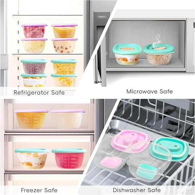 4 Pack Baby Food Storage Containers 4 oz, Baby Silicone Food Jars with Ventilation Valve, Snack Containers with Leak Proof Sealing Lid Microwave Safe, Suitablefor Nurseries, Schools and Travel
