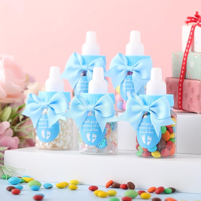 Teenyyou 48 Sets 3.5 Inch Blue Mini Baby Bottles for Baby Shower Party Favor Game Plastic Milk Bottles with Thank You Showering Stickers and Bows Thank You Gifts for Guests Candy Decor