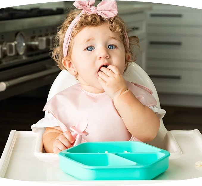 Tiny Twinkle Silicone Suction Baby Plate, Suction Grip Divided Dish for First Foods and Self-Feeding Toddlers, Baby Led Weaning Supplies for Independent Eating (Mint Plate with Lid)