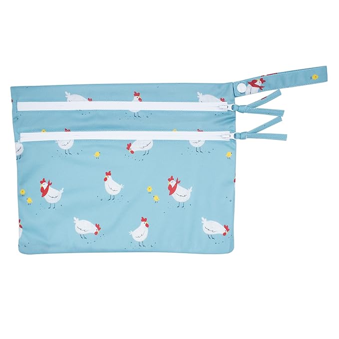 BapronBaby Little Chickies Wet Dry Bag - Waterproof Two Zipper Pockets - Reusable for Mealtime, Diapers, Stroller, Snacks, Swimsuits - Machine Washable - 11" x 9"