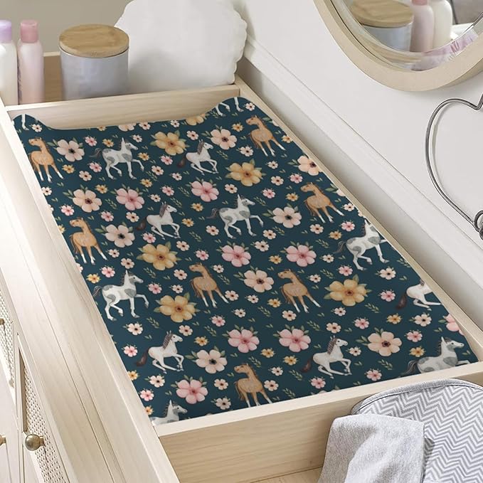 Changing Pad Covers Watercolor Horse Floral Baby Diaper Changing Pad Cover for Boys Girls Soft Breathable Stretch Fitted Diaper Change Table Pad Covers 32''x16'' Navy