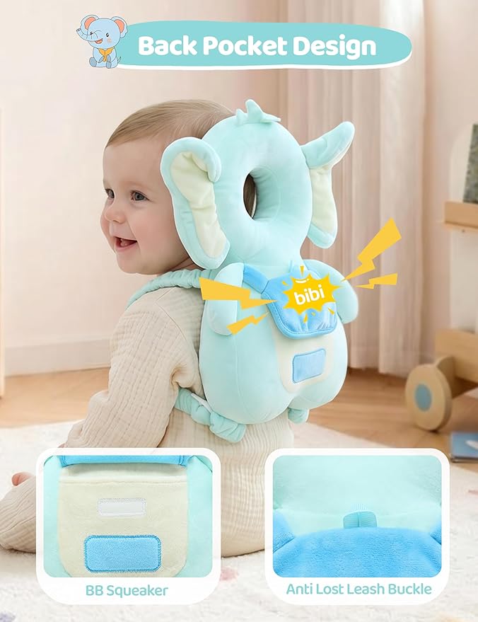 JunNeng Baby Head Protector Backpack with Squeaker，Toddler Head Safety Protection Cushion, Light Blue Elephant