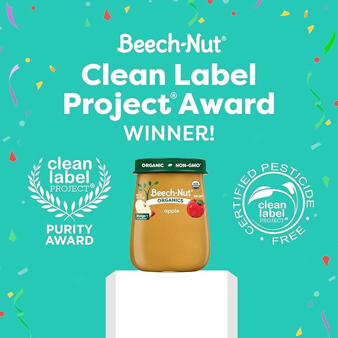 Beech-Nut Organic Baby Food Jars, Organic Apple Puree, Stage 1 Baby Food for Babies 4 Months and Up, Non-GMO, 4oz Glass Jars, 10ct (Pack of 2)