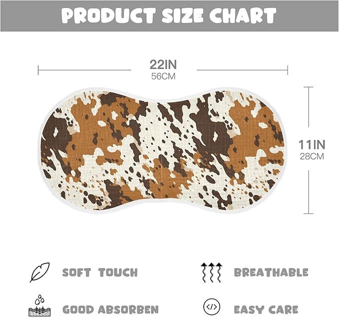 1Pc Cow Print Burp Cloth,Unisex Large Absorbent Soft Cotton Muslin Burping Cloths for Newborn Boys Girls,11x22in,A110300