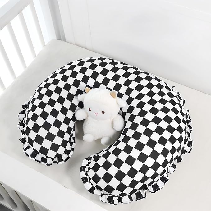 DILIMI Nursing Pillow Cover, Removable Ruffled Pillowcase for Breastfeeding Pillows, Ultra Soft Comfortable Slipcover for Baby Girl and Boy, Black Gingham
