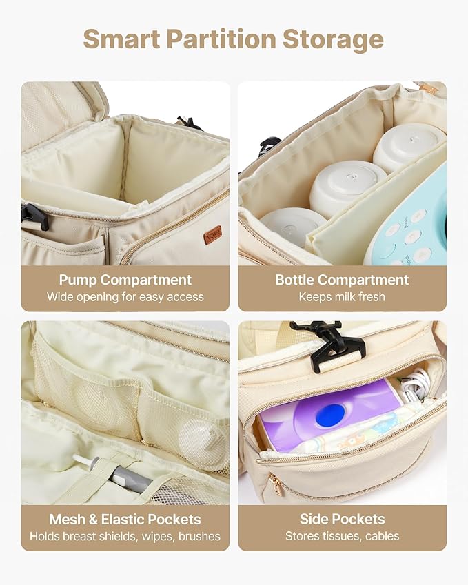 VEVOR Breast Pump Bag, Breast Feeding Bag with Waterproof Mat, Compatible with Spectra S1 & S2, Pumping & Breastmilk Storage, Portable Pump Carrying Case for Work, Travel and Family Use, Beige